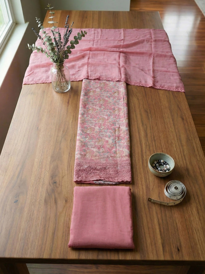 Embroidered, Chanderi Unstitched Suit With Pant &amp; Dupatta