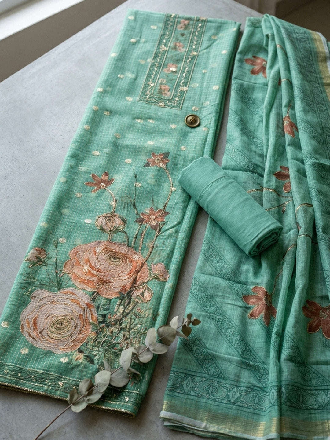 Embroidered Cotton Blend Unstitched Suit With Pant &amp; Dupatta