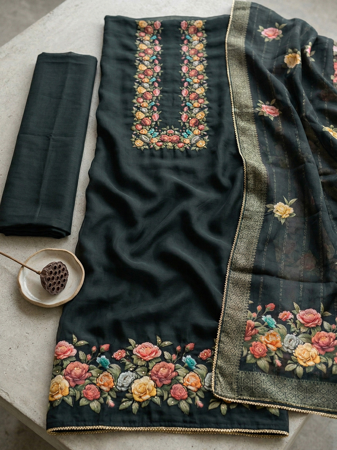 Embroidered Chanderi Unstitched Suit With Pant &amp; Dupatta