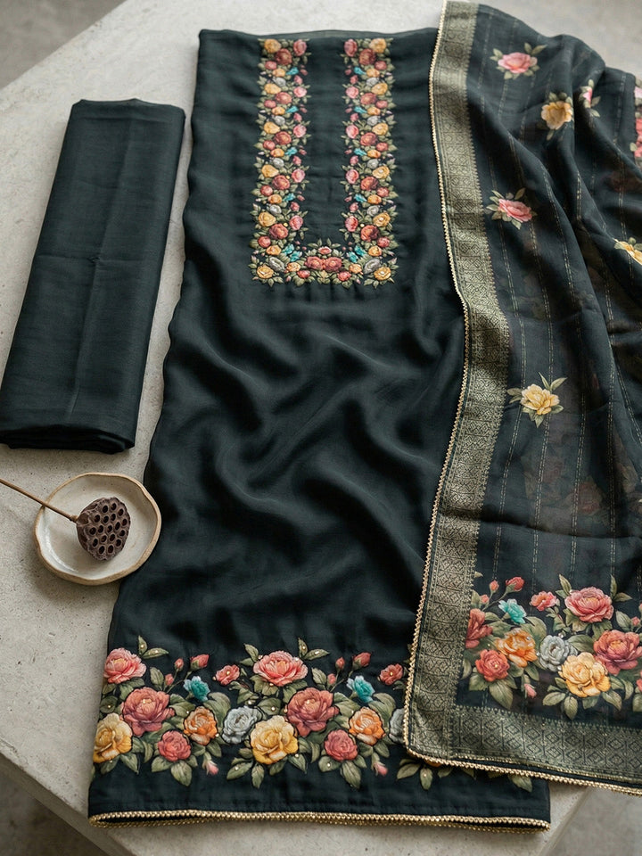 Embroidered Chanderi Unstitched Suit With Pant &amp; Dupatta