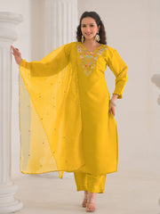 Neck Embroidery Cotton Blend Kurta With Pants & Dupatta