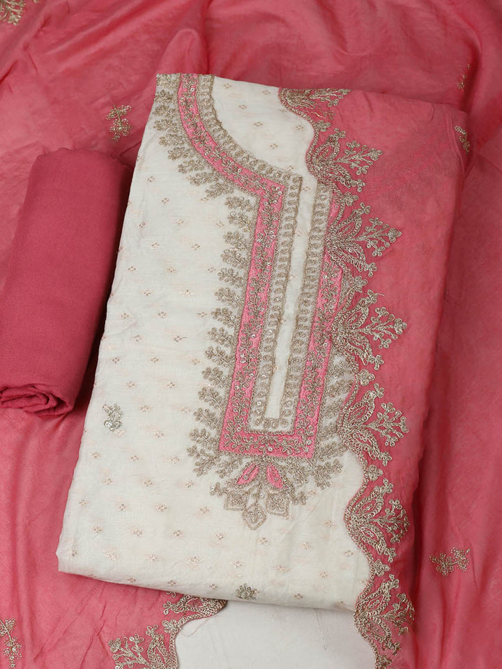 Embroidered Chanderi Unstitched Suit With Pant &amp; Dupatta
