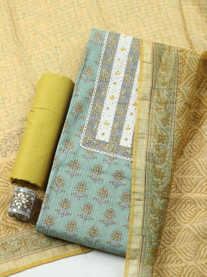 Printed Cotton Blend Unstitched Suit With Pant &amp; Dupatta