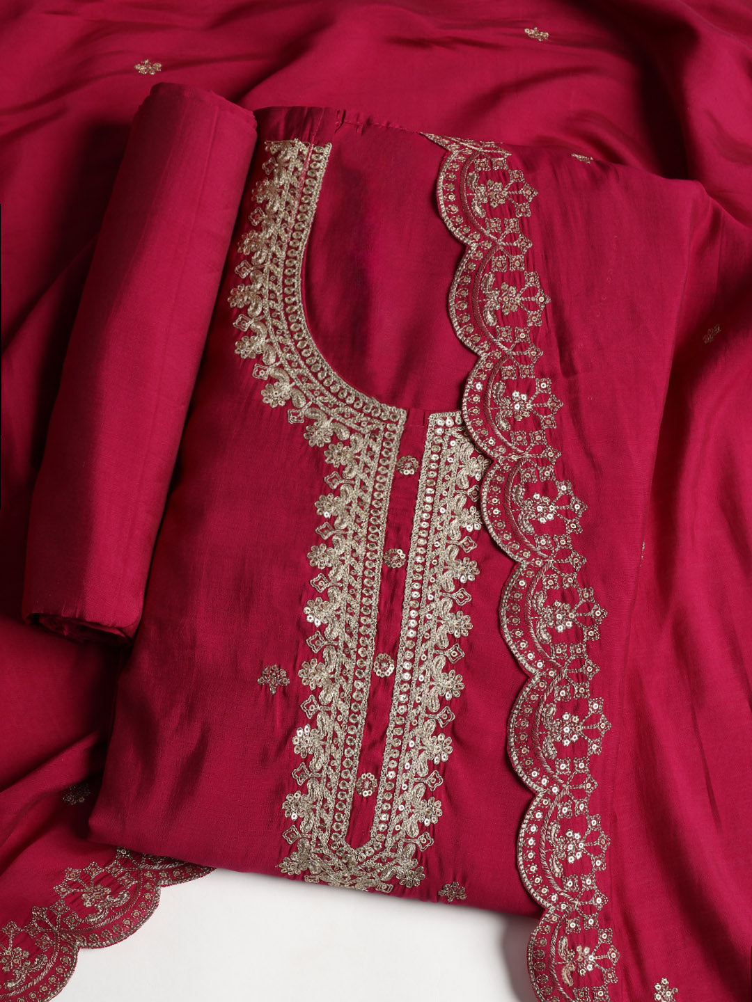Neck Embroidered Chanderi Unstitched Suit With Dupatta