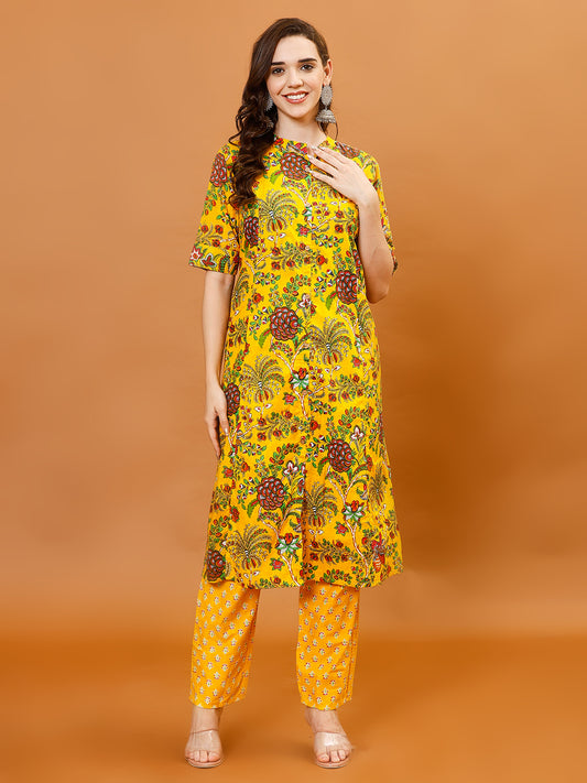 Floral Print Cotton Kurta With Pants