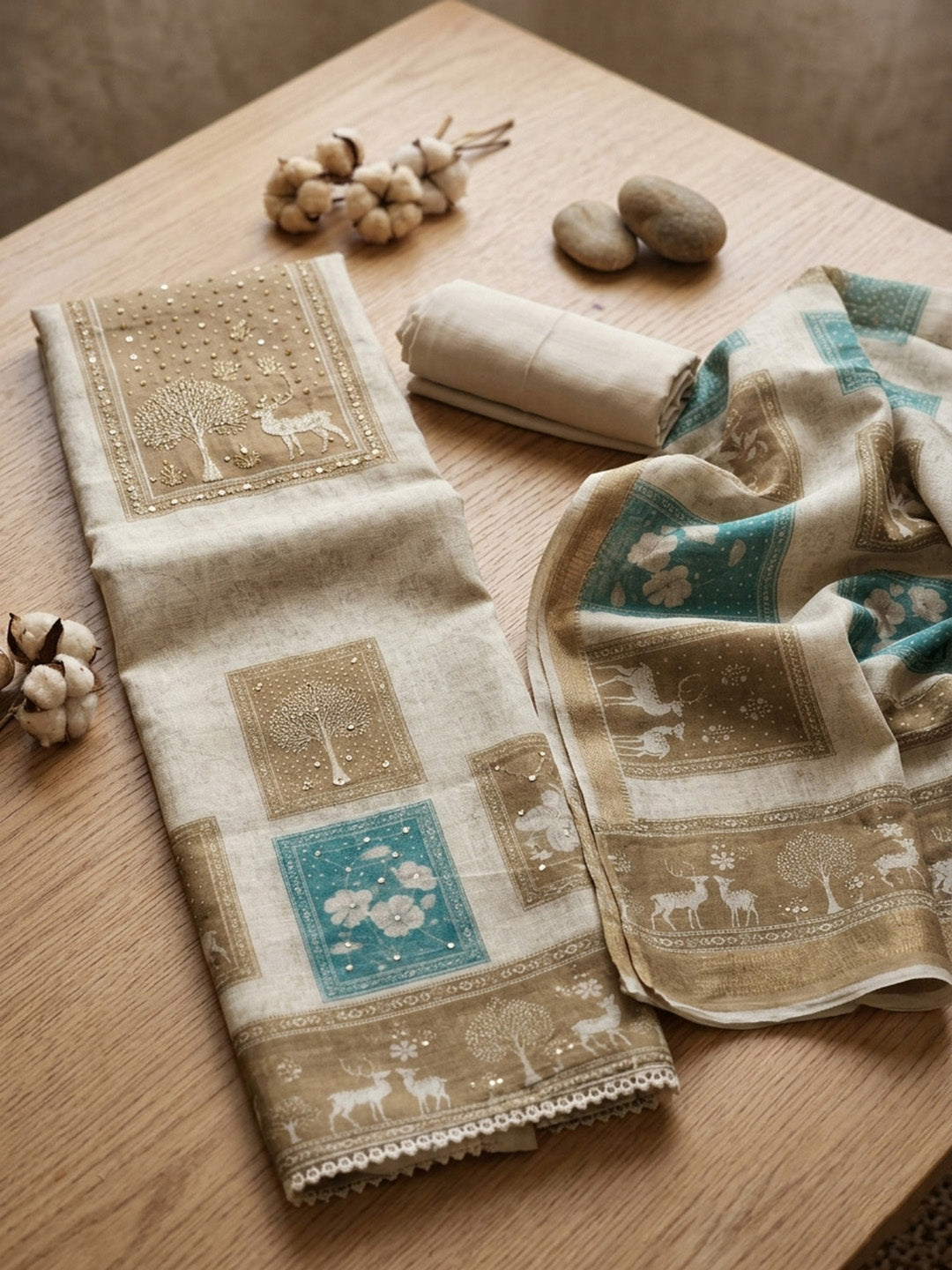 Printed Linen Blend Unstitched Suit With Pant &amp; Dupatta