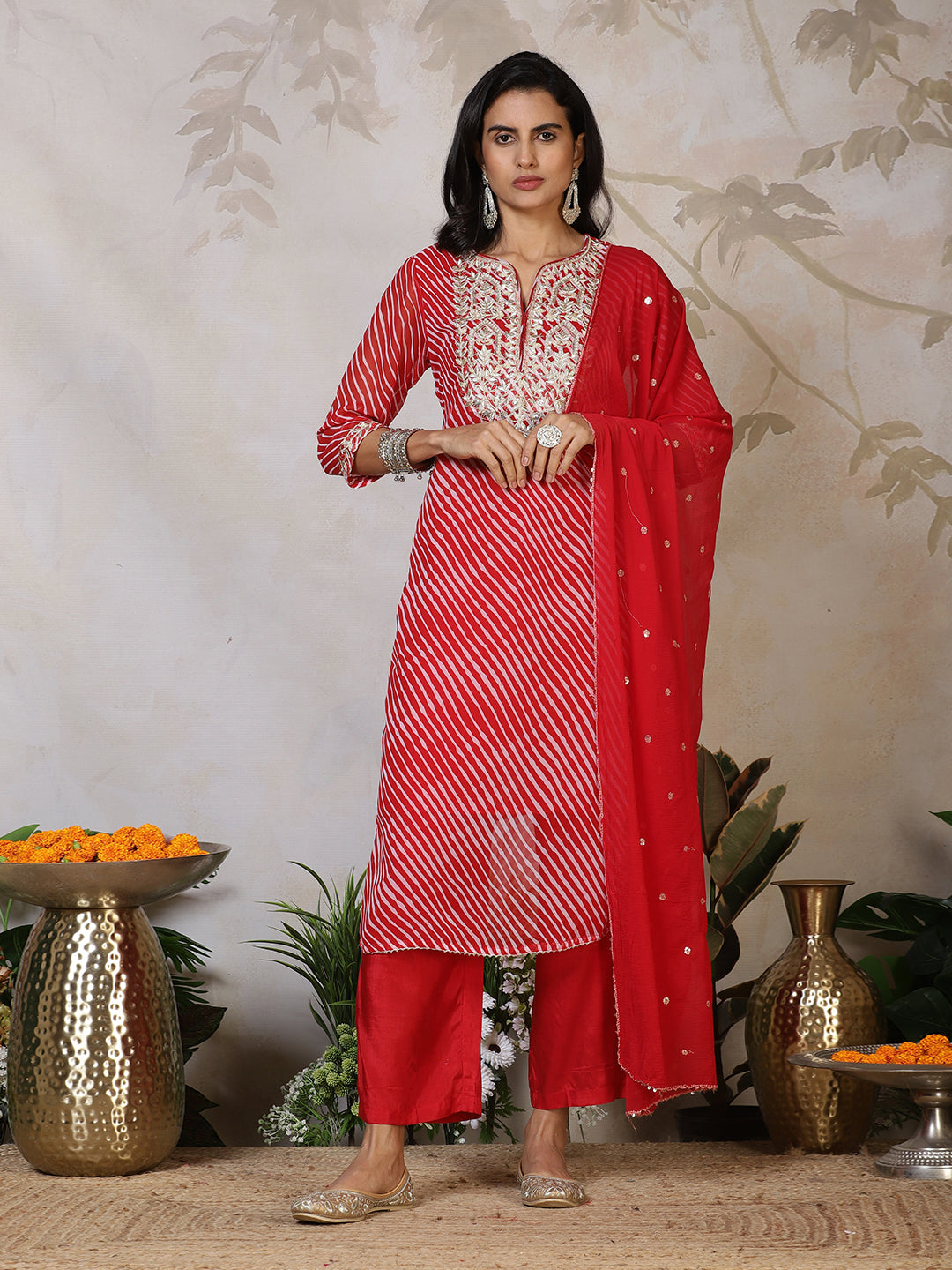 Embroidered Georgette Kurta With Pants & Dupatta