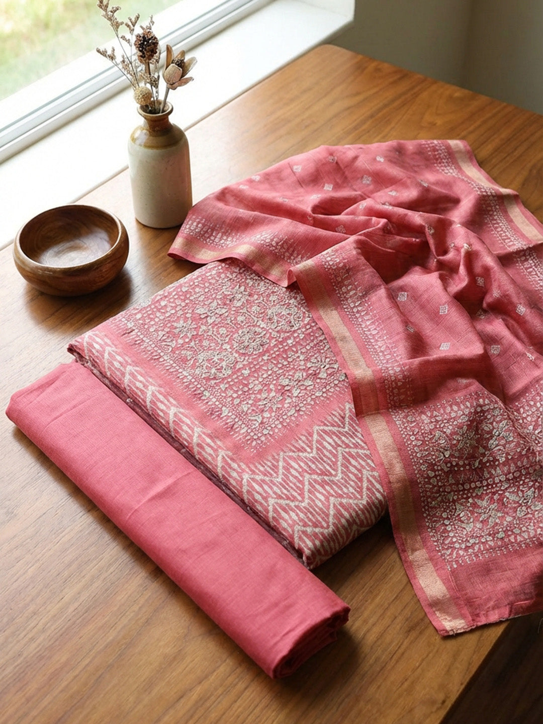 Printed Tussar Unstitched Suit With Pant &amp; Dupatta