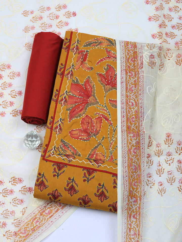 Printed Cotton Blend Unstitched Suit With Pant &amp; Dupatta
