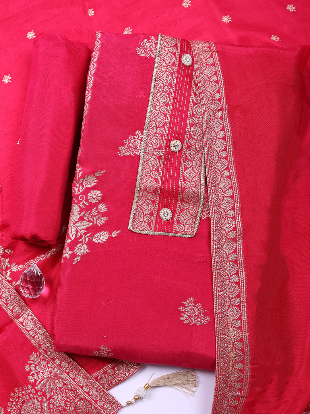 Embroidered Chanderi Unstitched Suit With Pant &amp; Dupatta