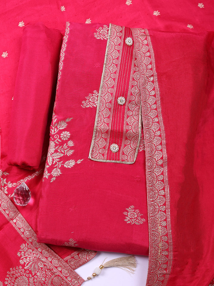 Embroidered Chanderi Unstitched Suit With Pant &amp; Dupatta