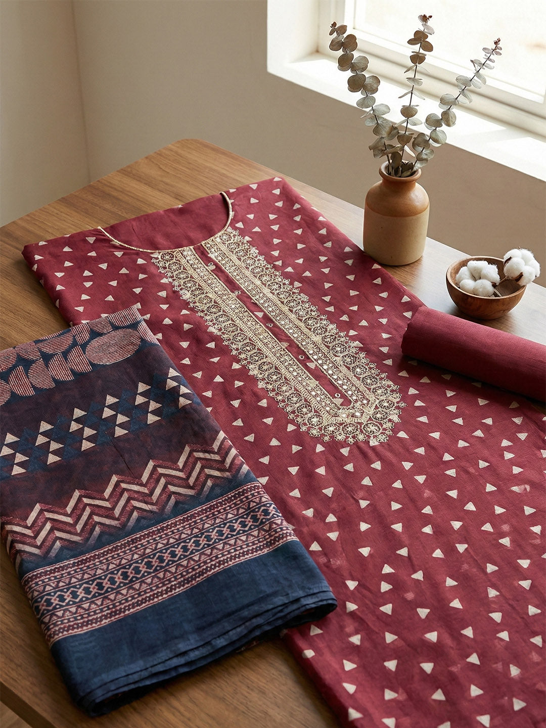 Embroidered Chanderi Unstitched Suit With Pant &amp; Dupatta