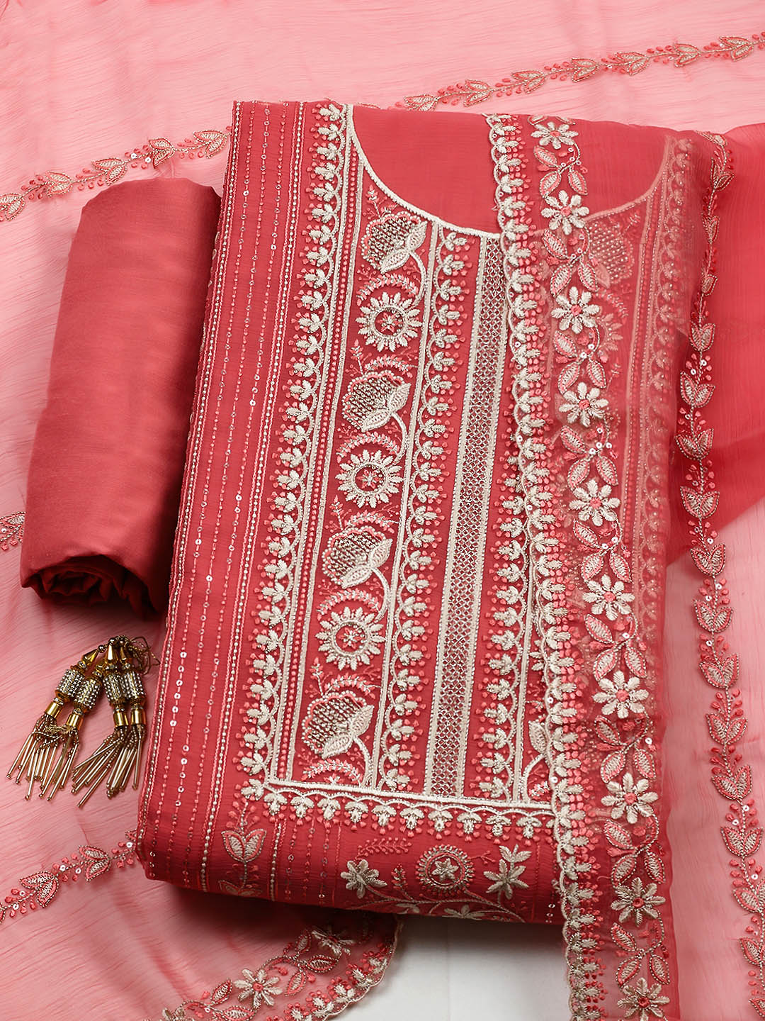 Embroidered Organza Unstitched Suit With Pant &amp; Dupatta