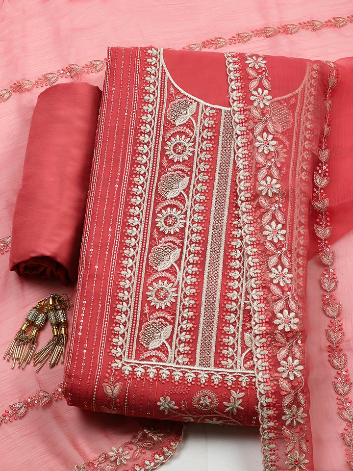Embroidered Organza Unstitched Suit With Pant &amp; Dupatta