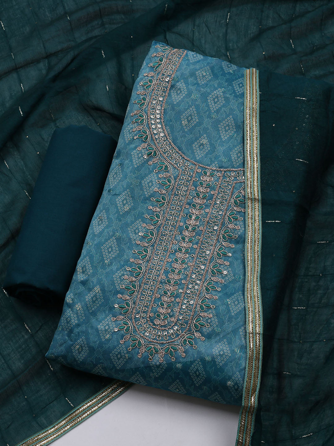 Neck Embroidered Chanderi Unstitched Suit With Dupatta