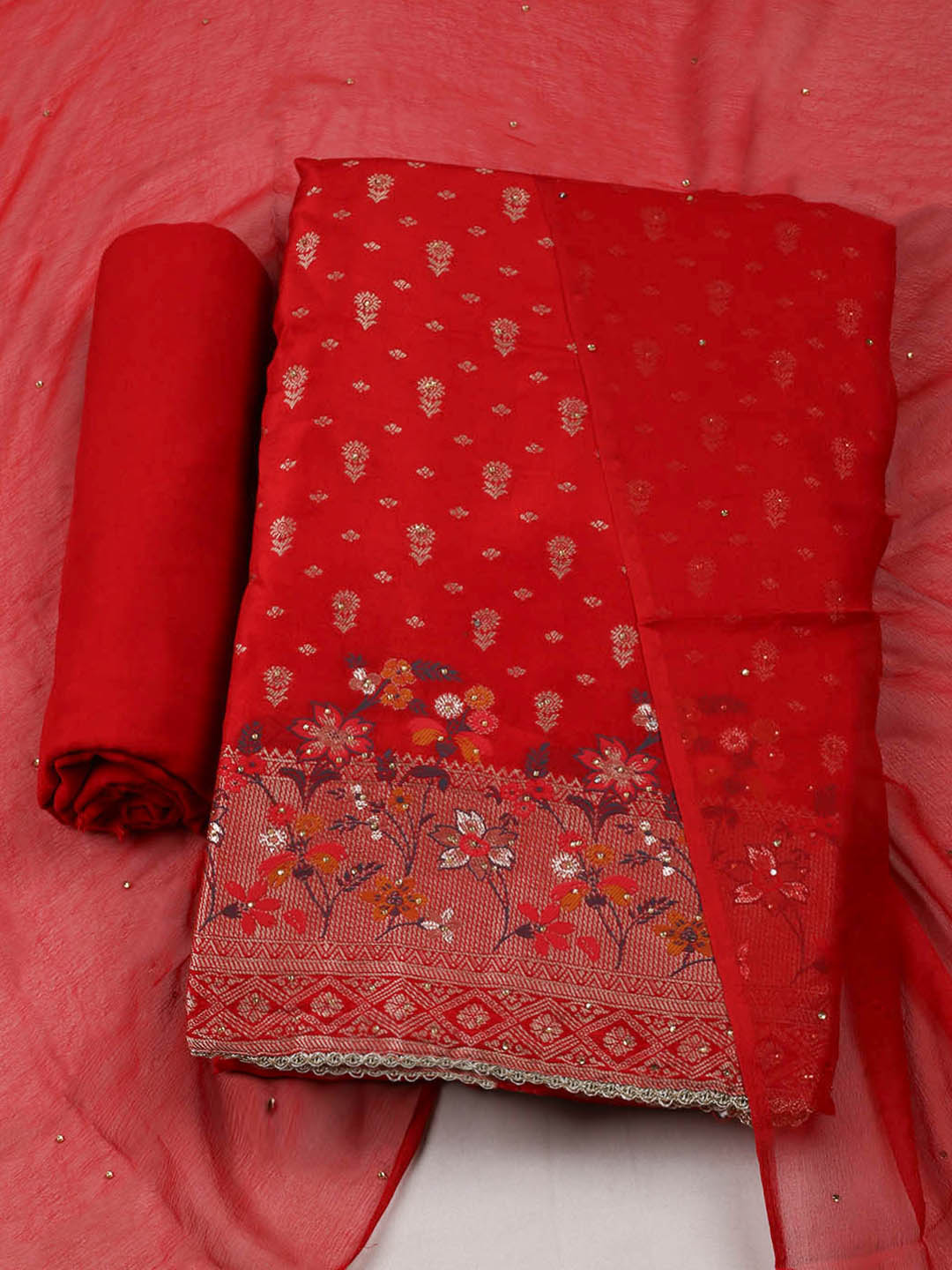 Woven Design Chanderi Unstitched Suit With Pant &amp; Dupatta