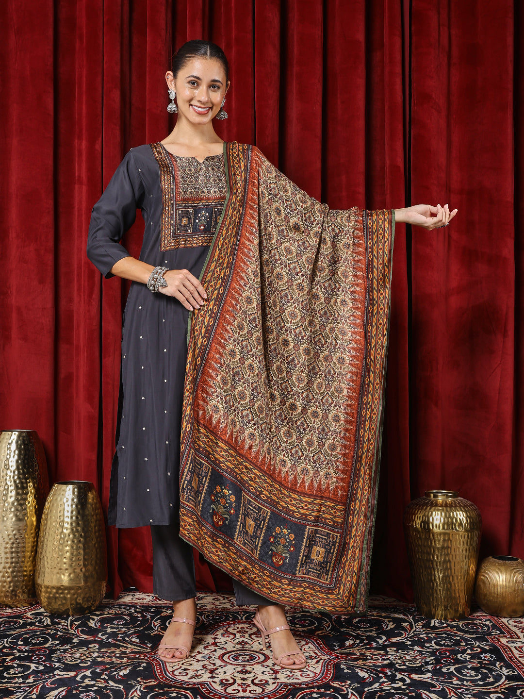 Printed Cotton Blend Kurta With Pants & Dupatta
