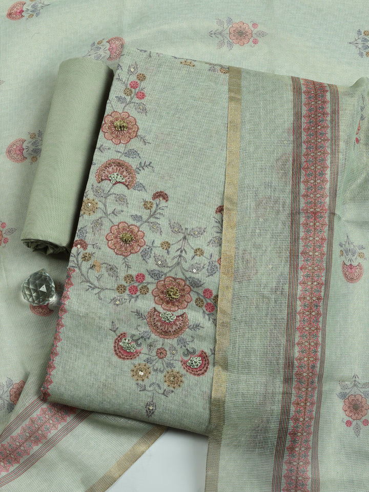 Printed Linen Blend Unstitched Suit With Pant &amp; Dupatta