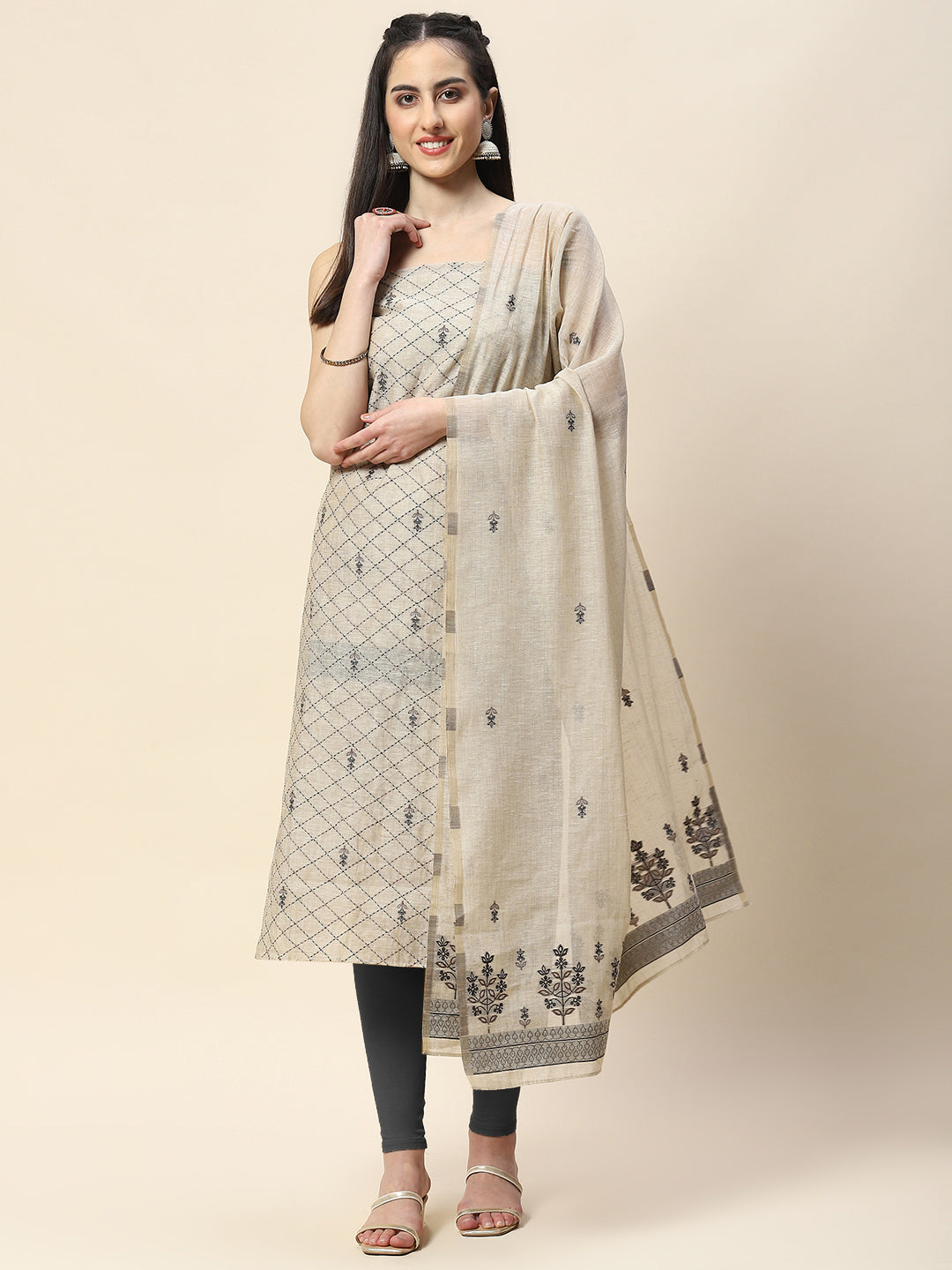 Kantha Work Chanderi Unstitched Suit Piece With Dupatta