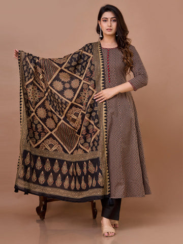 Printed Cotton Anarkali Kurta With Pants & Dupatta