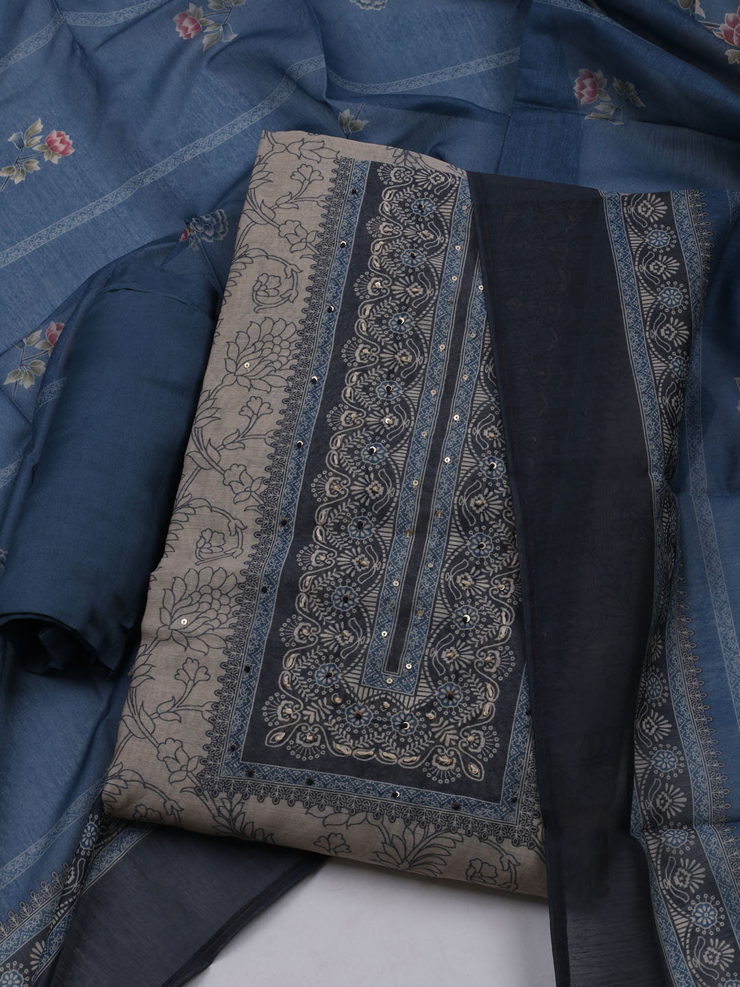 Printed Chanderi Unstitched Suit With Dupatta