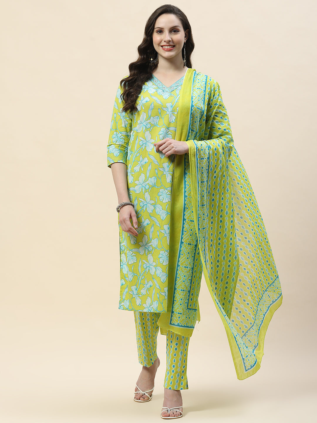 Floral Print Cotton Suit Set With Dupatta