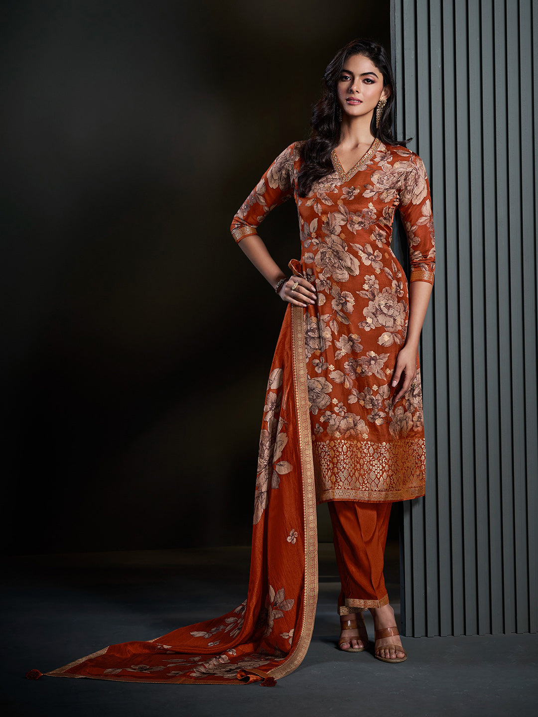 Rust Printed Art Silk Kurta With Pant &amp; Dupatta