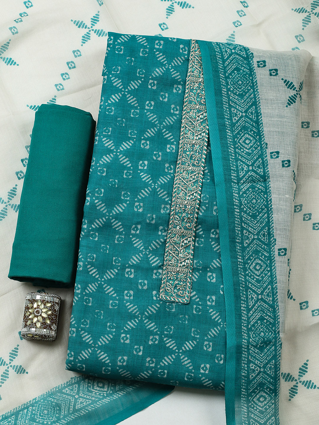 Embroidered Linen Blend Unstitched Suit With Pant &amp; Dupatta