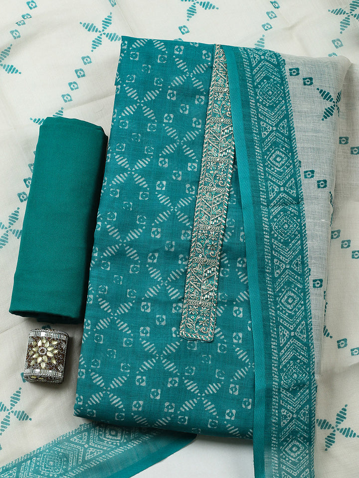 Embroidered Linen Blend Unstitched Suit With Pant &amp; Dupatta