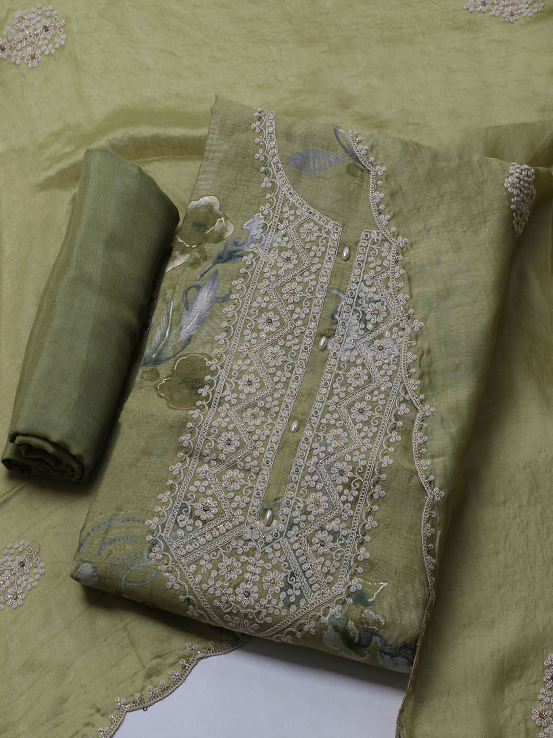 Neck Embroidered Chanderi Unstitched Suit With Dupatta