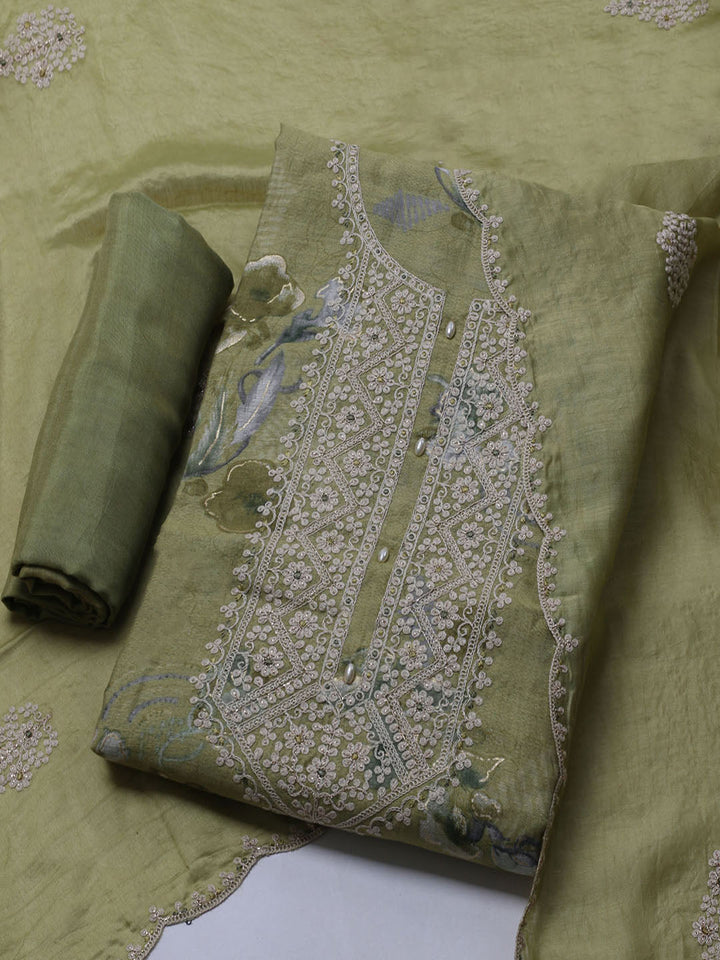 Neck Embroidered Chanderi Unstitched Suit With Dupatta