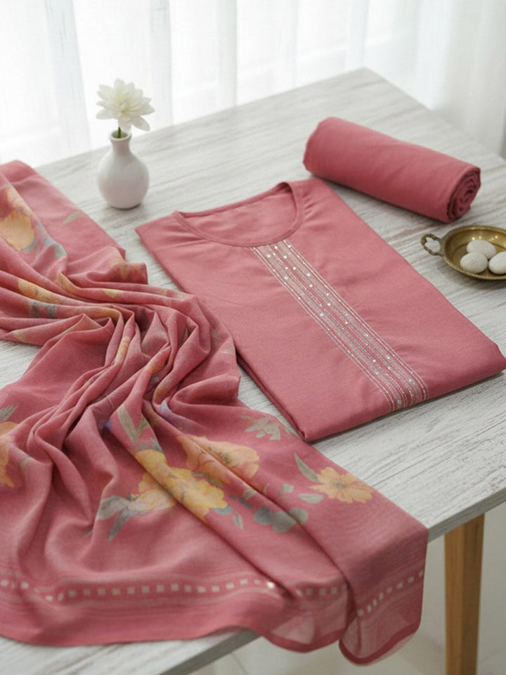 Printed Cotton Blend Unstitched Suit With Pant &amp; Dupatta