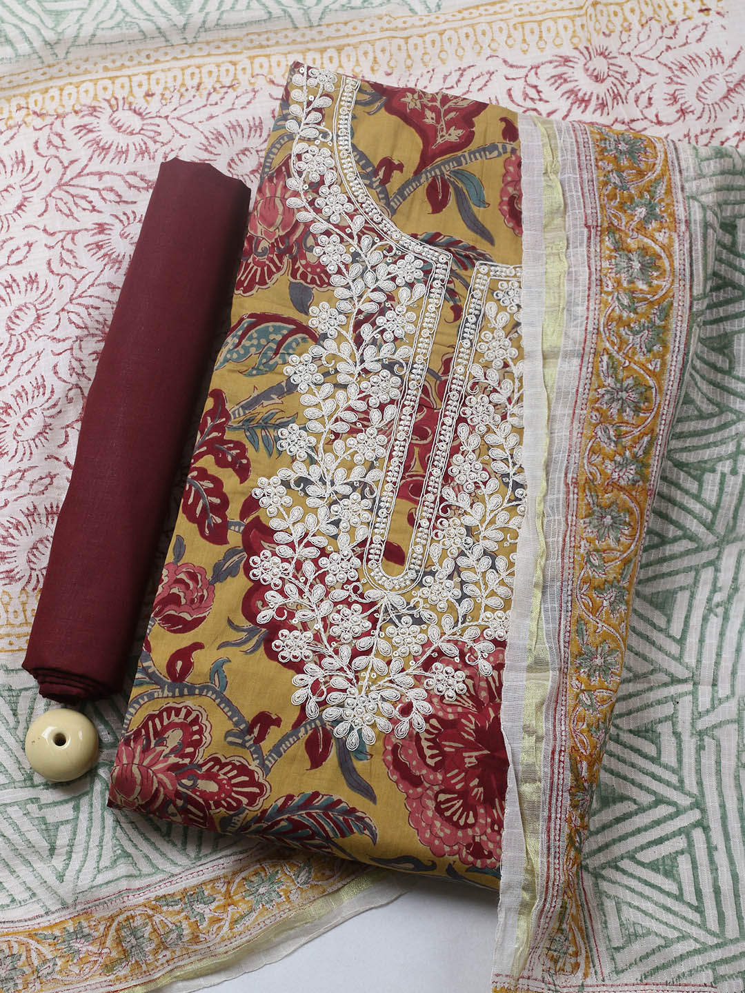 Printed Cotton Blend Unstitched Suit With Pant &amp; Dupatta