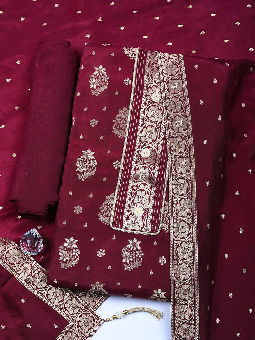 Embroidered Chanderi Unstitched Suit With Pant &amp; Dupatta