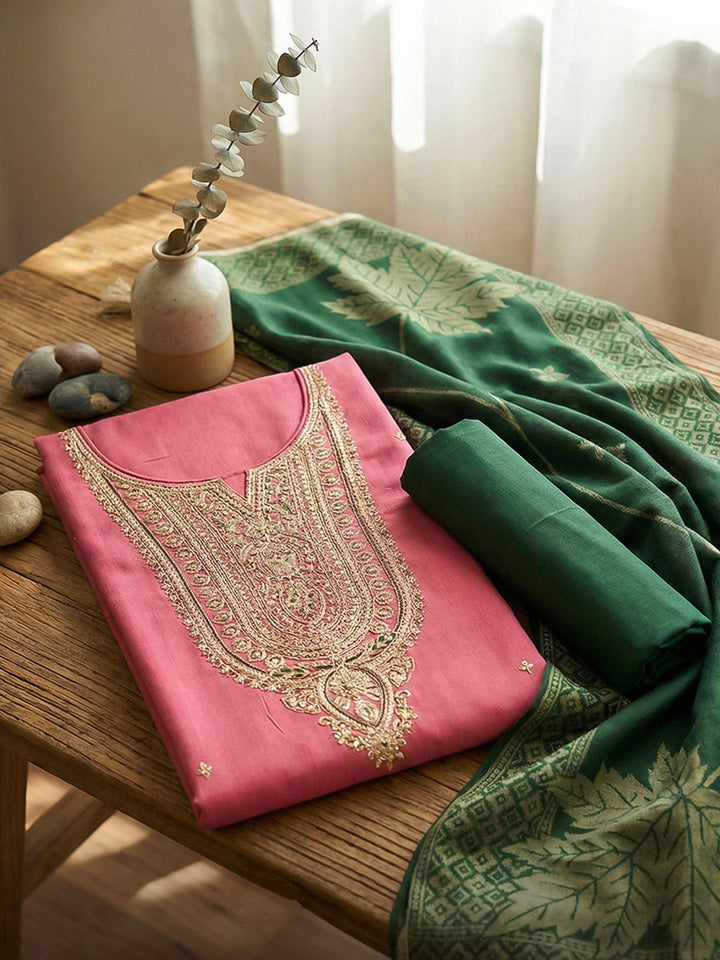 Embroidered Chanderi Unstitched Suit With Pant &amp; Dupatta