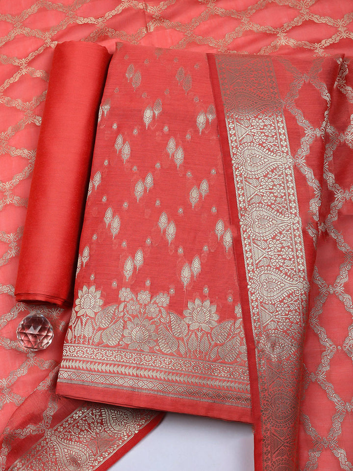 Woven Design Art Silk Unstitched Suit With Pant &amp; Dupatta