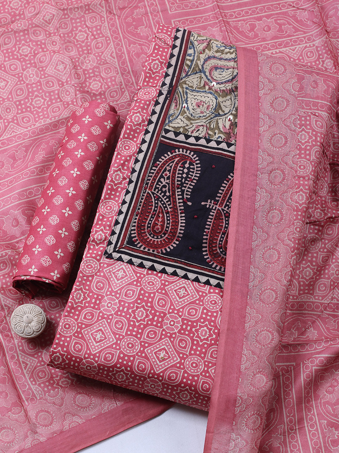 Printed Cotton Blend Unstitched Suit With Pant &amp; Dupatta
