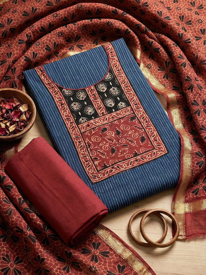 Embroidered Cotton Blend Unstitched Suit With Pant &amp; Dupatta