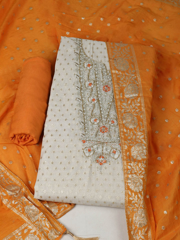 Embroidered Chanderi Unstitched Suit With Pant &amp; Dupatta