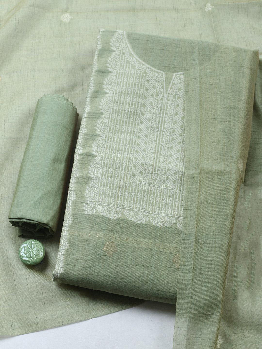 Printed Chanderi Unstitched Suit With Pant &amp; Dupatta