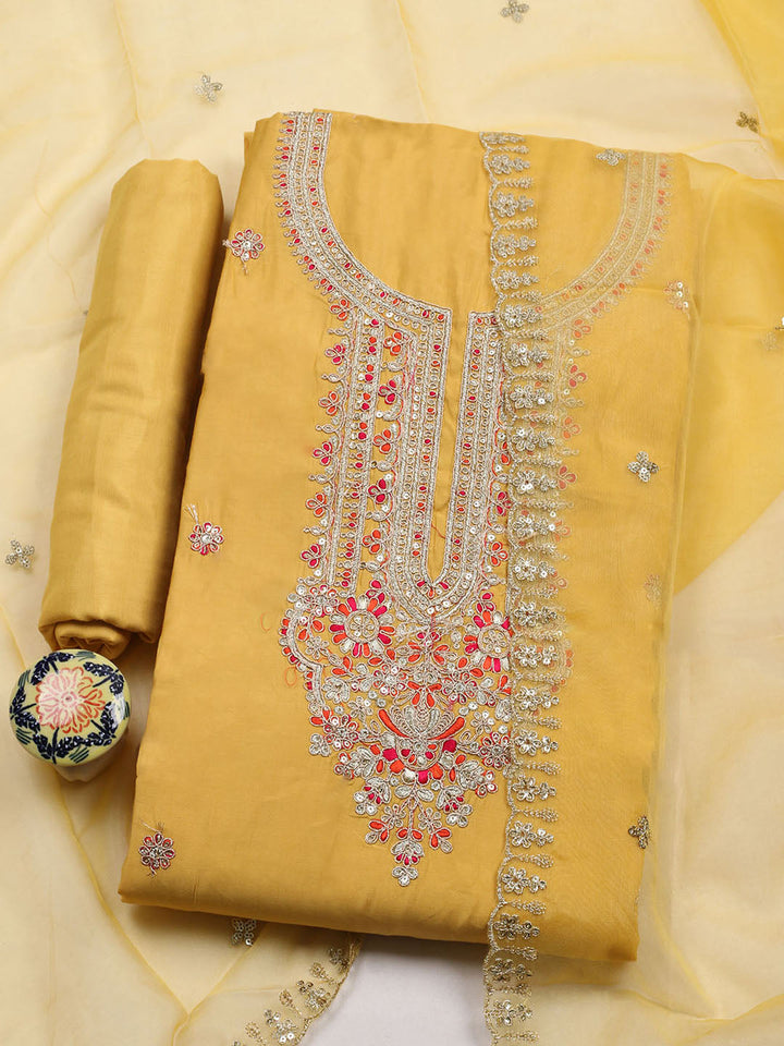 Embroidered Chanderi Unstitched Suit With Pant &amp; Dupatta