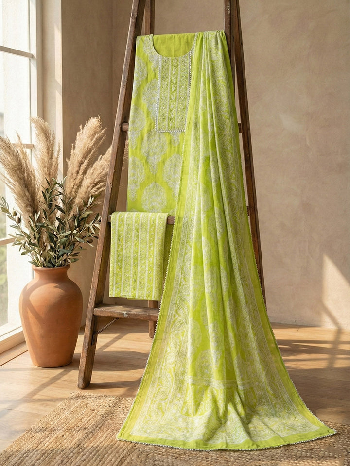 Printed Cotton Blend Unstitched Suit With Pant &amp; Dupatta