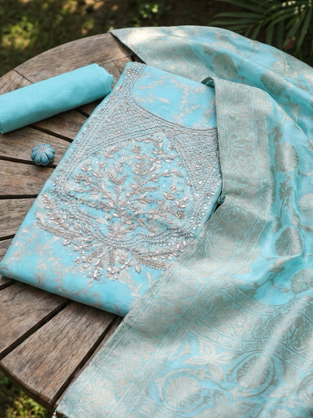 Embroidered Chanderi Unstitched Suit With Pant &amp; Dupatta
