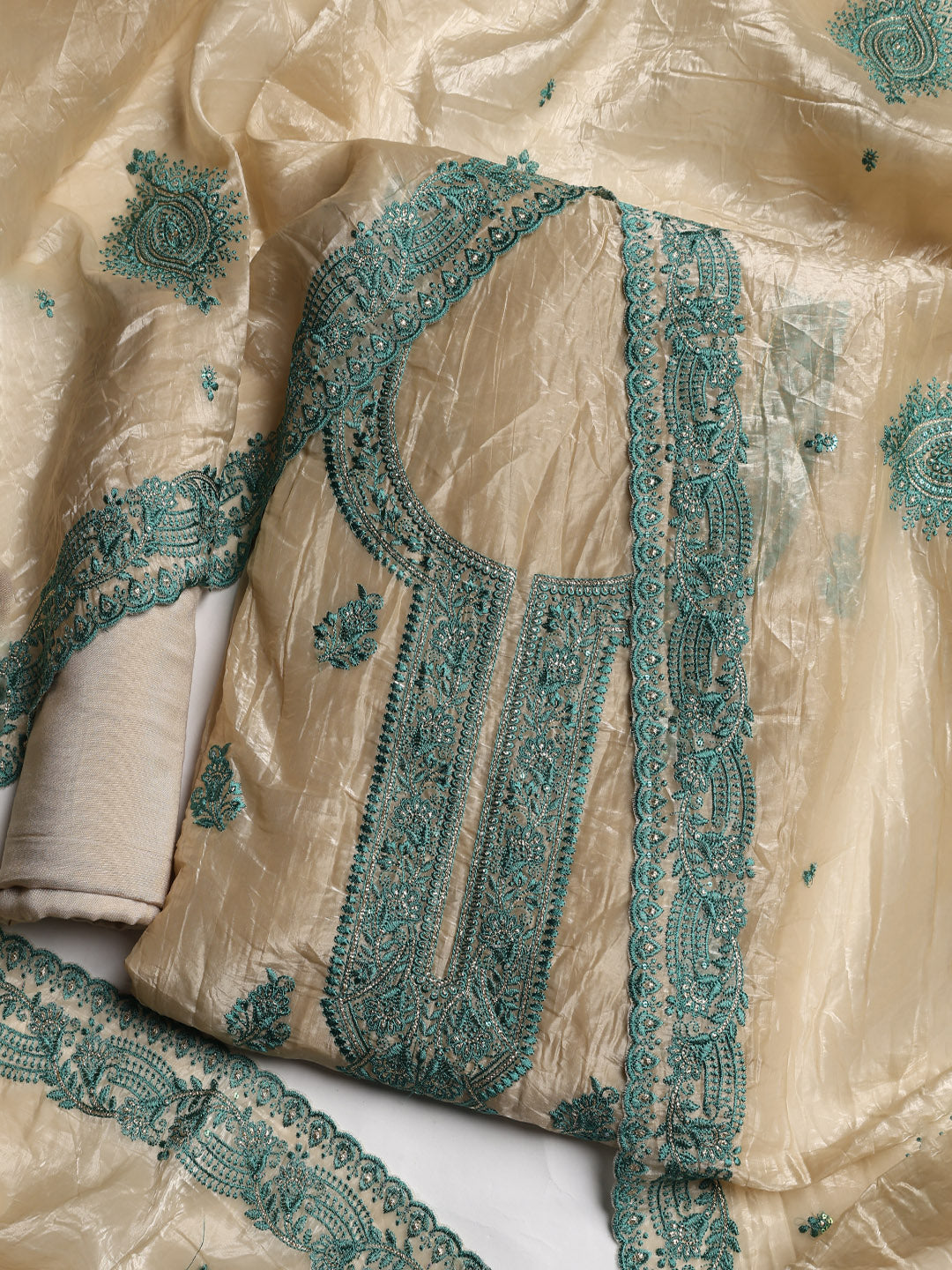 Neck Embroidered Organza Unstitched Suit With Dupatta