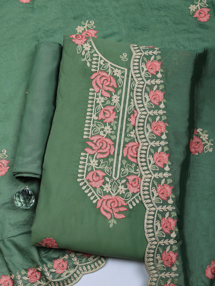 Embroidered Chanderi Unstitched Suit With Pant &amp; Dupatta