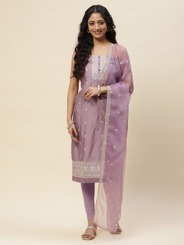 Neck Embroidered Chanderi Unstitched Suit With Dupatta