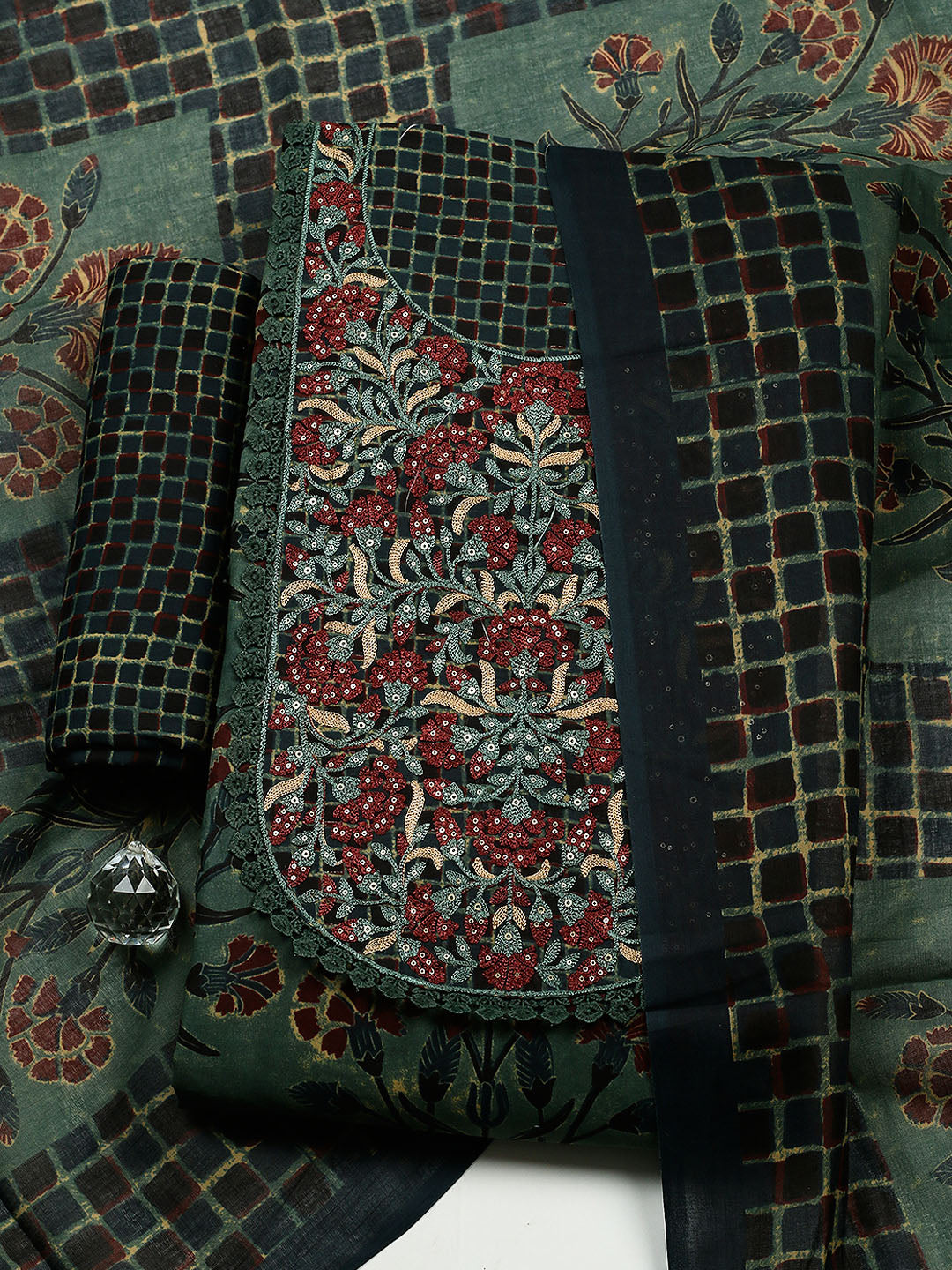 Embroidered Cotton Blend Unstitched Suit With Pant &amp; Dupatta