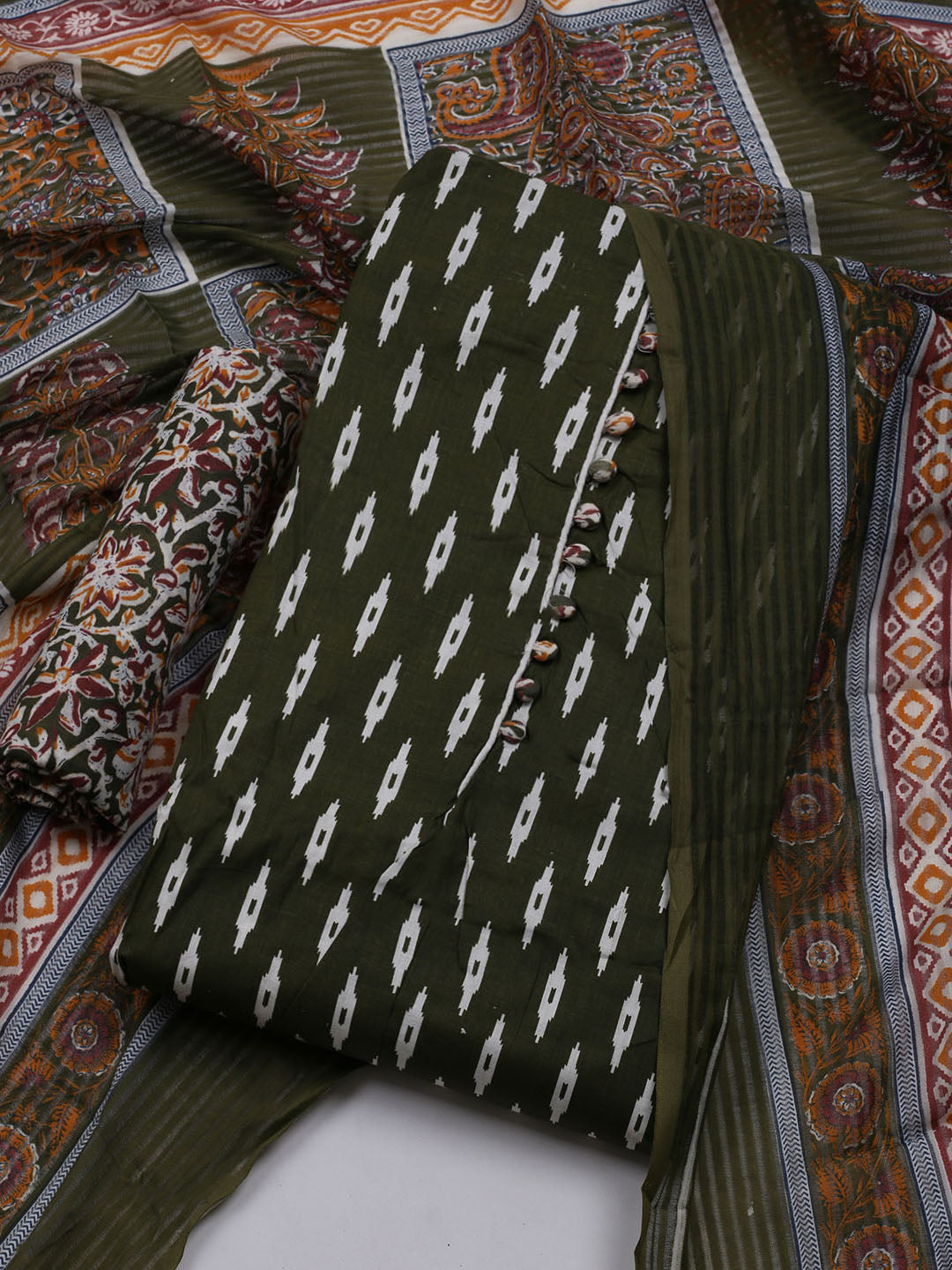 Printed Cotton Blend Unstitched Suit With Dupatta
