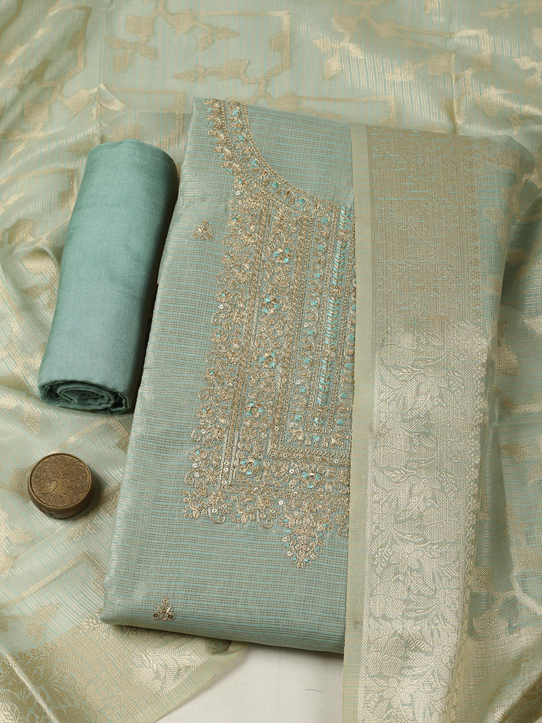 Embroidered Tissue Unstitched Suit With Pant &amp; Dupatta