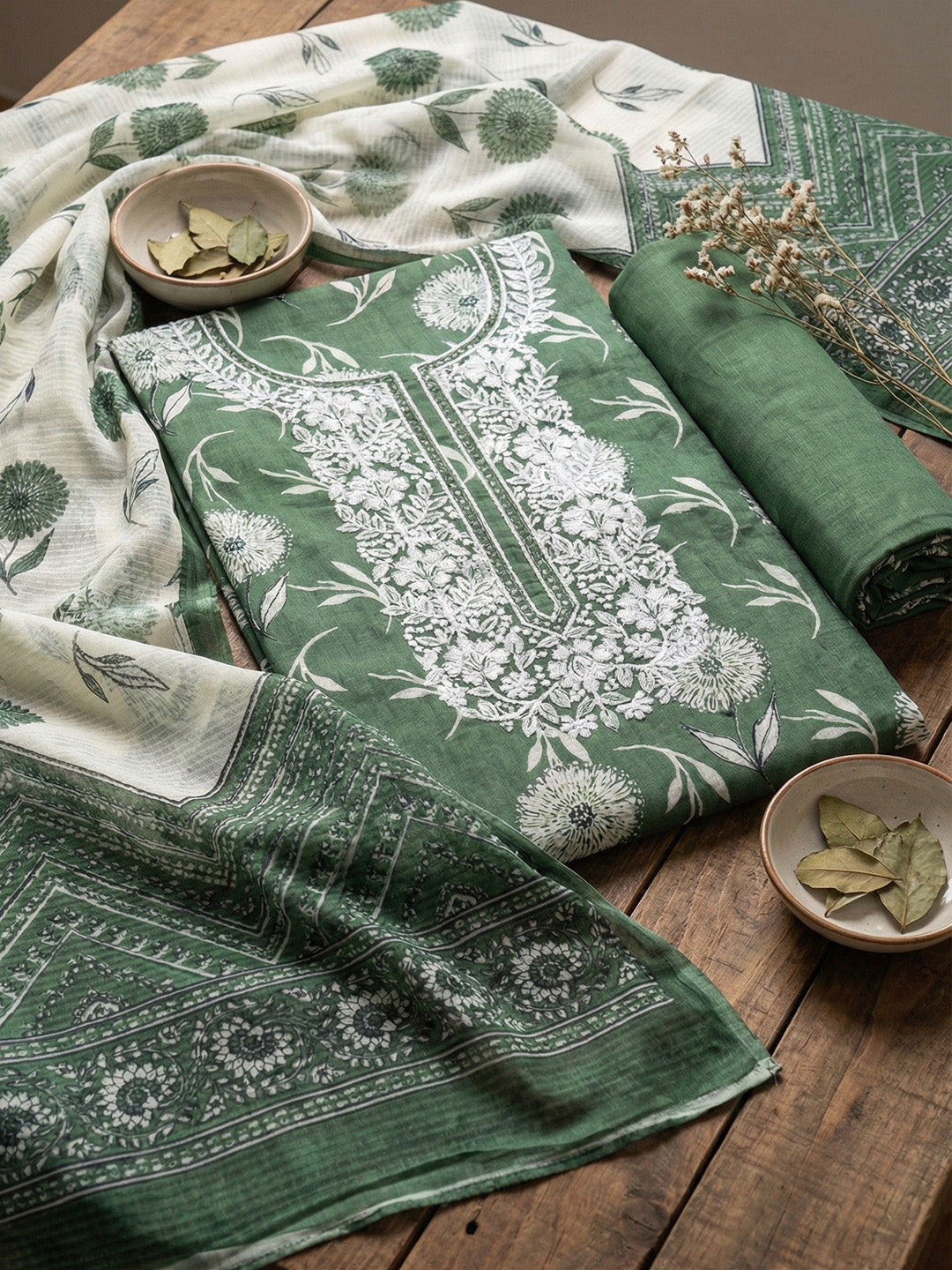 Embroidered Cotton Blend Unstitched Suit With Pant &amp; Dupatta